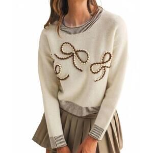 NEW ANNIEWEAR braided bow patch crew sweater top in beige